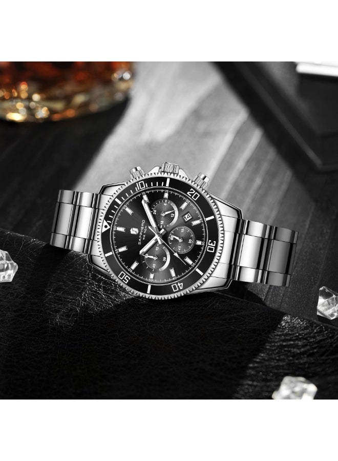 سافيرو ساعة سابفيرو كرونوغراف رجالية من الفولاذ المقاوم للصدأ، مقاومة للماء حتى عمق 50 مترًا، ساعة كوارتز تناظرية مع عرض التاريخ، ساعة كلاسيكية فاخرة وأنيقة، هدية مثالية للرجال. - Image 5